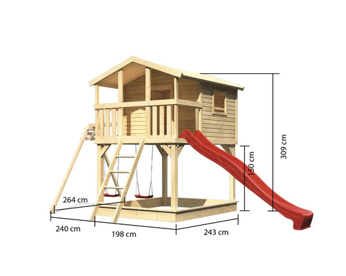 Spielhaus aus Holz mit Rutsche und Schaukel, inklusive Maßangaben.