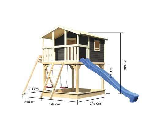 Maisonnette avec toboggan et balançoire avec des dimensions de 309 cm de hauteur, 264 cm de longueur, 240 cm de largeur, 198 cm de largeur, 243 cm de largeur et 150 cm de hauteur