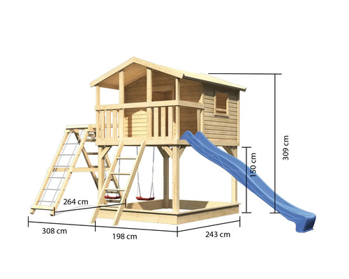 Spielhaus mit Rutsche, Sandkasten, Strickleiter, Leiter und Schaukel mit Maßangaben