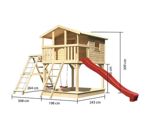 Spielturm aus Holz mit Rutsche, Kletterwand, Leiter und Schaukel mit den Maßen 309 cm Höhe, 308 cm Breite, 243 cm Tiefe