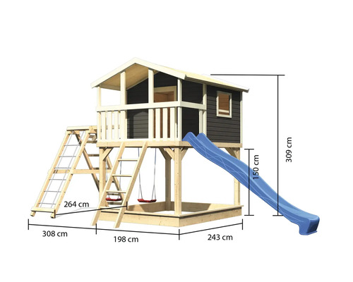Spielturm mit Rutsche, Schaukel und Sandkasten mit Maßangaben