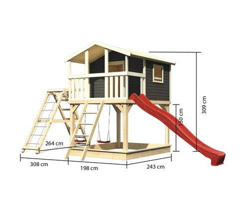 Spielhaus mit Rutsche, Schaukel, Sandkasten, Kletterwand und den Maßen 309 x 308 x 243 cm