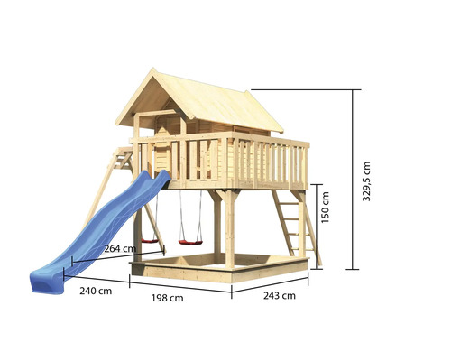 Spielturm aus Holz mit Rutsche, Schaukel und Sandkasten mit Maßangaben
