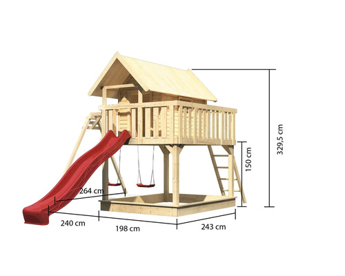 Spielturm aus Holz mit Rutsche und Schaukel mit Maßangaben
