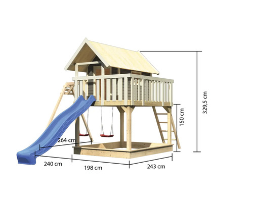 Spielhaus mit Rutsche, Schaukel und Sandkasten inklusive Maßangaben