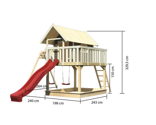 Spielhaus mit Rutsche, Schaukel und Sandkasten mit Maßangaben