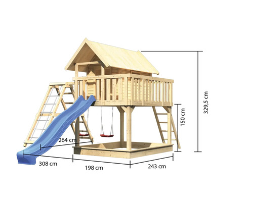 Spielturm aus Holz mit Rutsche, Sandkasten und Schaukel, Abmessungen sind dargestellt