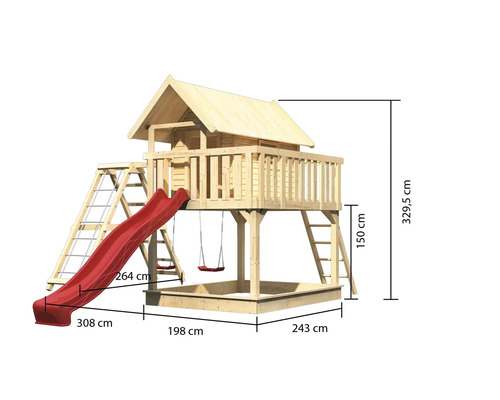 Abbildung eines Holzspielhauses mit Rutsche und Schaukel mit Maßangaben