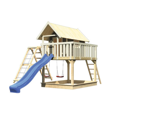 Spielhaus mit Rutsche, Sandkasten und Schaukel aus Holz