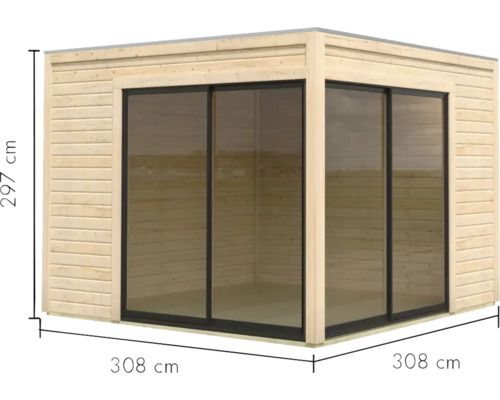 Gartenhaus aus Holz mit Glasschiebetüren und Größenangaben