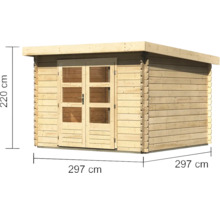 Holzgartenhaus mit Doppeltür und Maßangaben 297 cm mal 297 cm mal 220 cm
