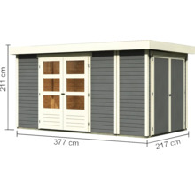 Abri de jardin en bois avec double porte et dimensions de 211 cm de hauteur, 377 cm de largeur et 217 cm de profondeur.