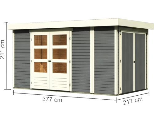 Abri de jardin en bois avec double porte et dimensions de 211 cm de hauteur, 377 cm de largeur et 217 cm de profondeur.