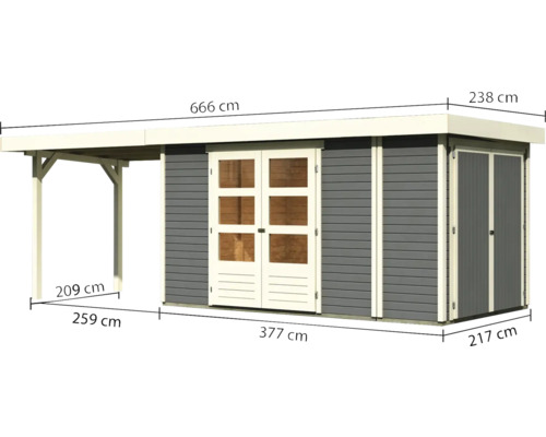 Abri de jardin avec annexe et indications de dimensions