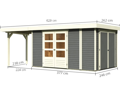Image d''un abri de jardin avec auvent et indications de dimension