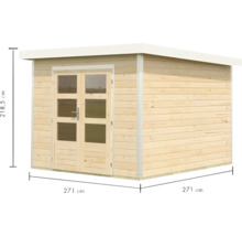 Holzgartenhaus mit Doppeltür und Maßangaben 271 x 271 x 218,5 Zentimeter