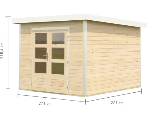 Holzgartenhaus mit Doppeltür und Maßangaben 271 x 271 x 218,5 Zentimeter
