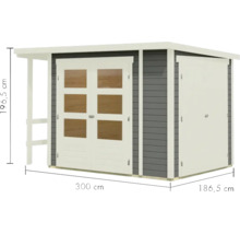Abri de jardin en bois avec double porte et auvent latéral, dimensions 300 x 186,5 x 196,5 cm