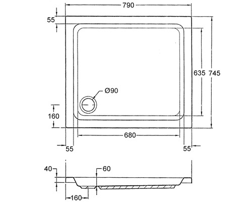 Dessin technique d''un receveur de douche avec indications de mesure