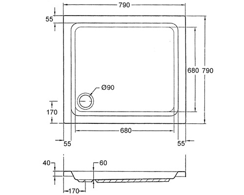 Dessin technique d''un receveur de douche avec dimensions