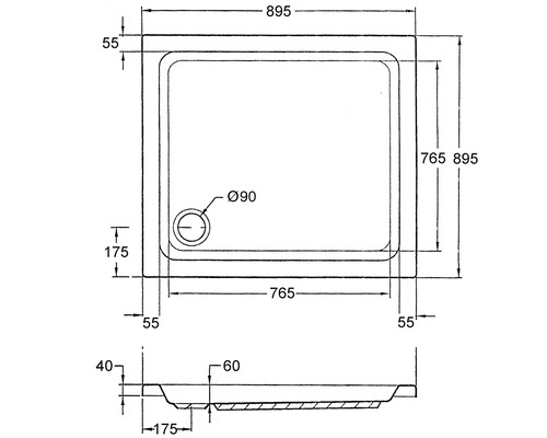 Technische Zeichnung einer Duschwanne mit Maßangaben