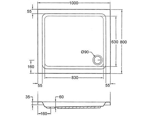 Schéma technique d''un receveur de douche avec indication des dimensions