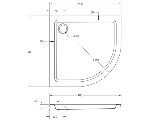 Dessin technique d''un receveur de douche, douche d''angle avec dimensions