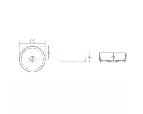 Schéma technique d''un lavabo à poser rond avec dimensions