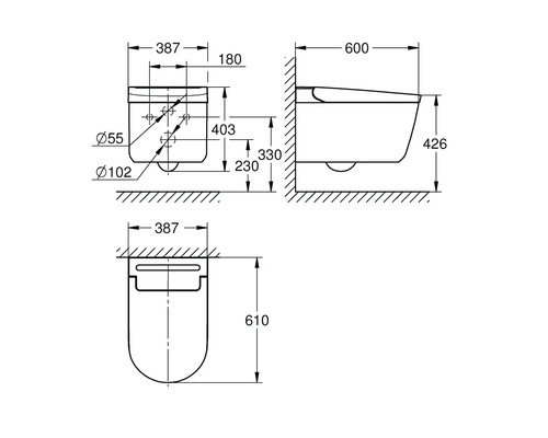 Schéma technique d''un WC suspendu avec dimensions