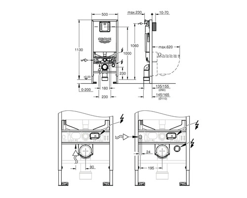 Dessin technique d''un réservoir de chasse d''eau Grohe à encastrer avec cotes.