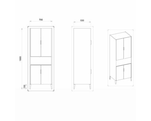 Technische Zeichnung eines Schranks mit Maßen