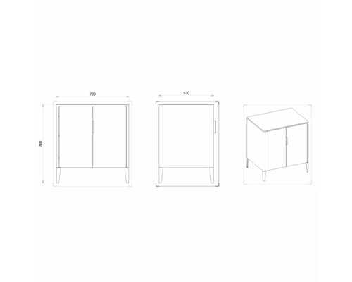 Zeichnung eines Badezimmerschranks mit den Maßen 700 x 760 x 530 Millimeter.
