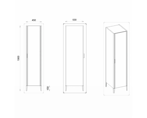 Technische Zeichnung eines Schrankes mit Maßangaben