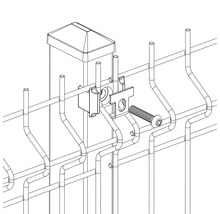 Illustration eines Zauns mit Pfosten, Befestigungsklammer und Schraube