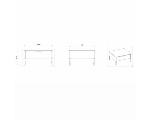 Technische Zeichnung eines Waschtisches mit Schublade und Maßen.