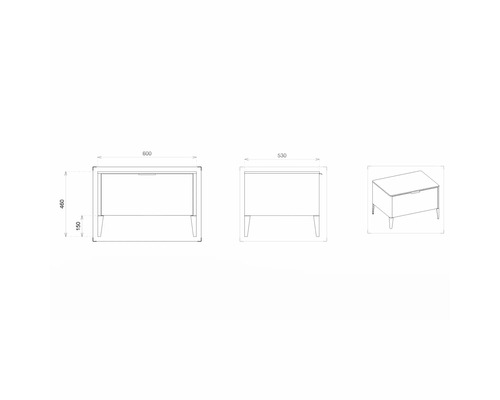 Technische Zeichnung eines Waschtischunterschranks mit Massangaben