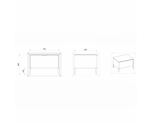 Technische Zeichnung einer Aufbewahrungsbox mit Maßen