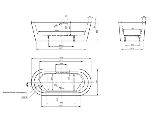 Schéma technique d''une baignoire avec dimensions