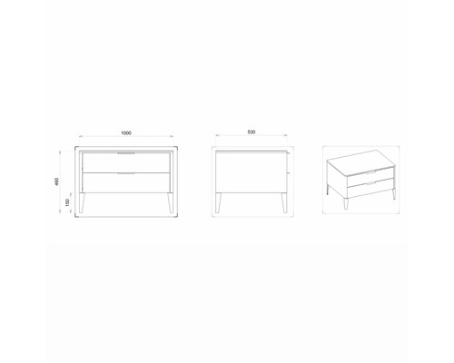 Technische Zeichnung eines Nachttisches mit zwei Schubladen, Abmessungen sind angegeben