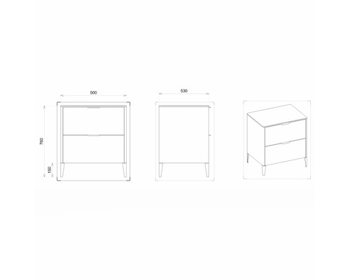 Schéma technique d''un meuble sous-lavabo avec deux tiroirs et indications de dimensions