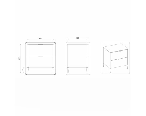 Dessin technique d''un meuble bas de salle de bains avec dimensions.