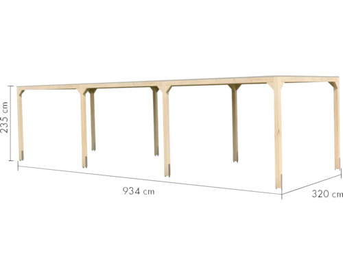 Holzunterstand mit den Maßen 934 cm Länge, 235 cm Höhe und 320 cm Tiefe