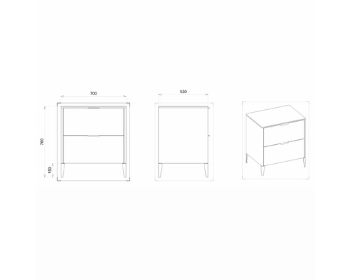 Dessin d''un meuble sous-vasque avec indications de dimension.