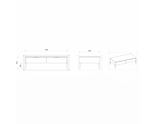 Skizze eines TV-Schranks mit den Maßen 1100 x 530 x 310 mm.