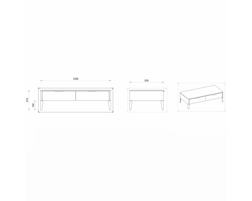 Technische Zeichnung eines TV-Lowboards mit zwei Schubladen und Maßen