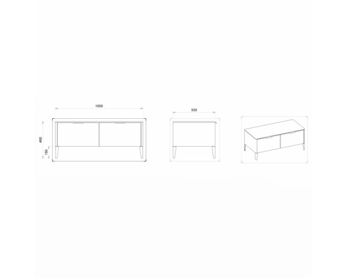 Technische Zeichnung eines Waschtischunterschranks mit Maßen