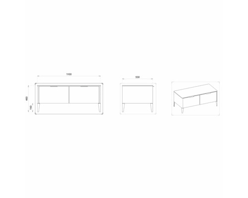 Technische Zeichnung eines Sideboards mit den Maßen 1100 x 530 x 460 mm.