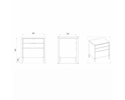 Dessin technique d''une commode avec trois tiroirs et dimensions.