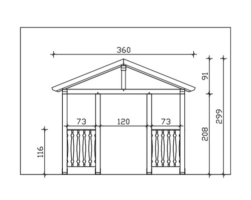 Technische Zeichnung eines Gartenpavillons mit Maßangaben