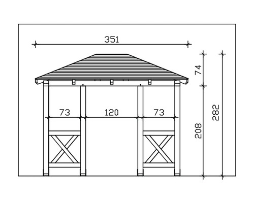 Technische Zeichnung eines Pavillons mit Breiten- und Höhenangaben.